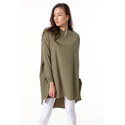Блузка удлиненная расклешенная с длинным рукавом хаки
