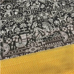 Сари ISHITA HOUSE, Dollar, с печатным принтом СБОР УРОЖАЯ, с ЖЕЛТОЙ каймой (Size: Onesize, с отрезом для блузы), 1 шт.