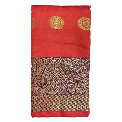 BANARASI BUTTA Сари однотонное КРАСНОЕ, с каймой СИНЕГО цвета и Золотистой вышивкой (Size: Onesize, с отрезом для блузы), 1 шт.
