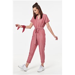 Комбинезон летний брючный в полоску на красном