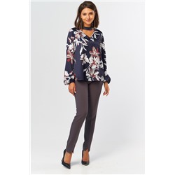 Блузка прямая с широким рукавом с цветочным принтом на синем