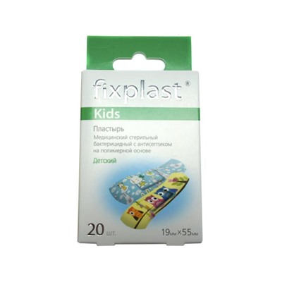 Пластырь Fixplast Kids стер.бактериц.с антисепт.полимерн.основа Дет.рисунок 19*55мм №20