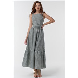 Сарафан летний длинный из хлопка в белую полоску на зеленом