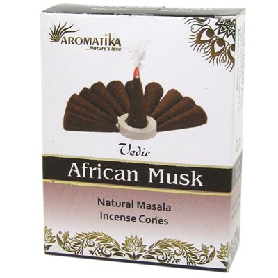 Vedic AFRICAN MUSK Natural Masala Incense Cones, Aromatika (Ведик АФРИКАНСКИЙ МУСК, натуральные конусные благовония, Ароматика), уп. 10 конусов.