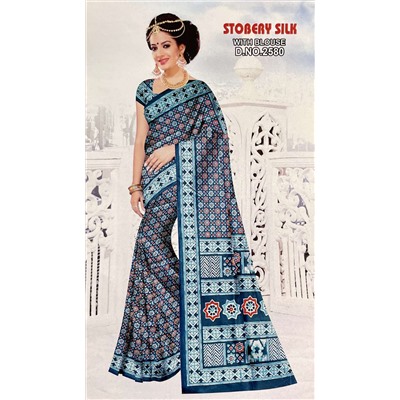 Сари STOBERY SILK с печатным графическим принтом ВОСЬМИУГОЛЬНИКИ, цвет БОРДОВЫЙ (Size: Onesize, с отрезом для блузы), 1 шт.