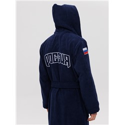 Мужской махровый халат с капюшоном темно-синий вышивка "Россия" МЗ-105 (88)
