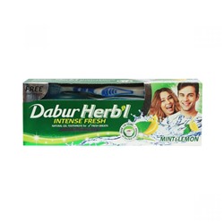 Herb'l MINT & LEMON Intense Fresh, Natural Gel Toothpaste, Dabur (Хербл МЯТА И ЛИМОН для свежести дыхания (зубная щетка в подарок), Дабур), 150 г.