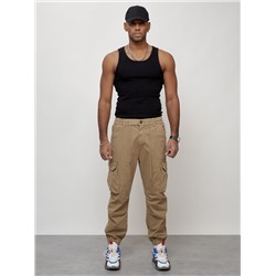Джинсы карго мужские с накладными карманами бежевого цвета 2428B