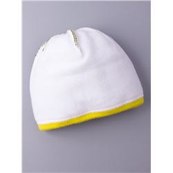 Шапка вязаная с бубоном, орнамент снежинки, ель, олень, лимонный