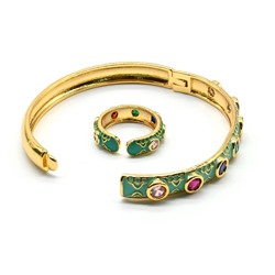 Браслет и кольцо на руку с эмалью и цирконами цв.мятный, 15см