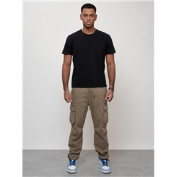 Джинсы карго мужские с накладными карманами бежевого цвета 2421B