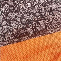 Сари ISHITA HOUSE, Dollar, с печатным принтом СБОР УРОЖАЯ, с ОРАНЖЕВОЙ каймой (Size: Onesize, с отрезом для блузы), 1 шт.