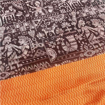Сари ISHITA HOUSE, Dollar, с печатным принтом СБОР УРОЖАЯ, с ОРАНЖЕВОЙ каймой (Size: Onesize, с отрезом для блузы), 1 шт.