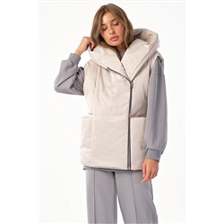 Жилет утепленный оверсайз на молнии с капюшоном бежевый