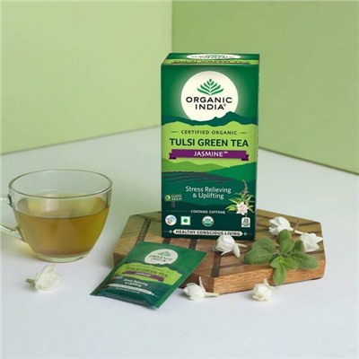 TULSI JASMINE GREEN TEA, Organic India (ТУЛСИ ЗЕЛЕНЫЙ ЧАЙ С ЖАСМИНОМ, антистресс и свежесть, Органик Индия), 25 пакетиков.