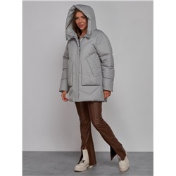 Зимняя женская куртка модная с капюшоном светло-серого цвета 52362SS
