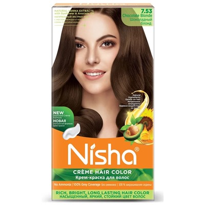 CHOCOLATE BLONDE 7.53 Nisha Creme Hair Color (ШОКОЛАДНЫЙ БЛОНД 7.53 крем-краска для волос, Ниша), 60 г + 60 мл + 18 мл.