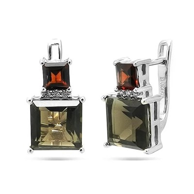 Серьги из серебра раухтопаз, гранат, Измир