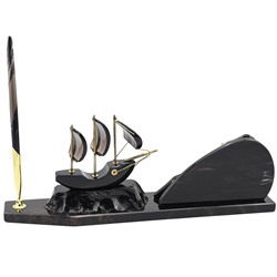 Письменный прибор из обсидиана "Парусник 2" 365*70*135мм