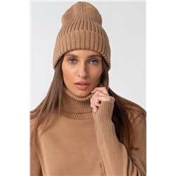 Шапка вязаная бини с отворотом кэмел