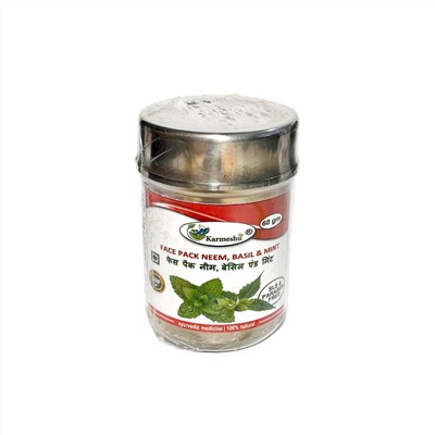 Face Pack NEEM, BASIL & MINT, SLS & Paraben Free, Karmeshu (Антибактериальная маска для лица НИМ, БАЗИЛИК И МЯТА, БЕЗ Сульфатов и Парабенов, Кармешу), 60 г.