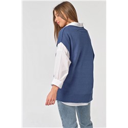 Жилет вязаный оверсайз с разрезами по бокам синий