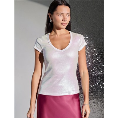 Футболка облегающая из хлопка в рубчик с V вырезом и матовым покрытием металлик