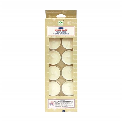Perfumed T-Lite Candles WHITE SAGE, Satya (Ароматические чайные свечи БЕЛЫЙ ШАЛФЕЙ, Сатья), набор 12 шт.