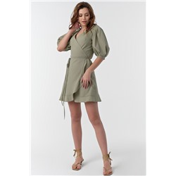 Платье летнее мини с запахом из хлопка хаки