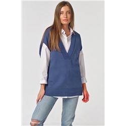 Жилет вязаный оверсайз с разрезами по бокам синий