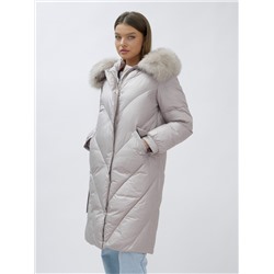Пальто женское зимние с мехом песец люкс класса бежевого цвета 1316B
