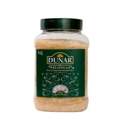 Dunar ELONGA Extra Long Sella Basmati Rice (Дунар ЭЛОНГА экстра длиннозёрный рис басмати, шлифованный ПРОПАРЕННЫЙ), банка, 1 кг.
