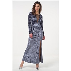 Платье вечернее бархатное длинное с сетчатой вставкой дымчато-синее