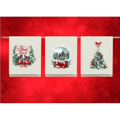 К-т полотенец "Новогодние снегири" 50*60 см. - 3 шт. рогожка хлопок 100%