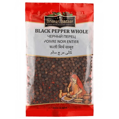 BLACK PEPPER WHOLE Bharat Bazaar (Черный перец, горошек, Бхарат Базар), 50 г. - СРОК ГОДНОСТИ ДО 1 ОКТЯБРЯ 2024 ГОДА