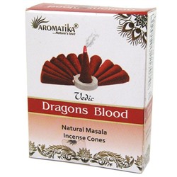 Vedic DRAGONS BLOOD Natural Masala Incense Cones, Aromatika (Ведик КРОВЬ ДРАКОНА, натуральные конусные благовония, Ароматика), уп. 10 конусов.