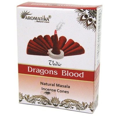 Vedic DRAGONS BLOOD Natural Masala Incense Cones, Aromatika (Ведик КРОВЬ ДРАКОНА, натуральные конусные благовония, Ароматика), уп. 10 конусов.