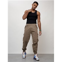 Джинсы карго мужские с накладными карманами бежевого цвета 2420B