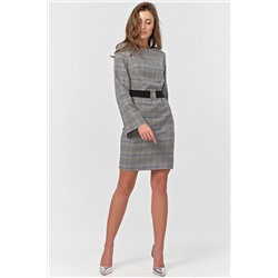 Платье приталенное с длинным рукавом в клетку серое