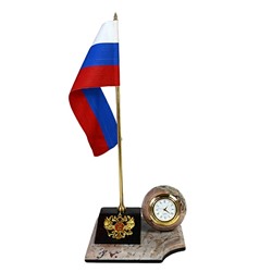 Часы из змеевика и креноида "Шар на подставке"+флаг с гербом 120*110*75мм