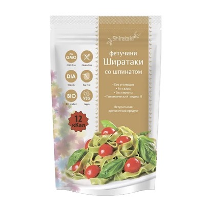 Фетучини ШИРАТАКИ со шпинатом (натуральный диетический продукт), Shirataki, 340 г.