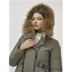 Пальто зимнее женское с мехом енот премиум класса цвета хаки 3006_1Kh