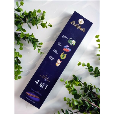 4 IN 1: Soothing Spa, Anti Stress, Good Fortune, Attracts Money, Bestofindia (4 В 1: Успокаивающий Спа, Анти Стресс, Везение, Привлечение Денег, премиум благовония, Бэстофиндия), 70 г. (20 палочек + подставка в подарок)