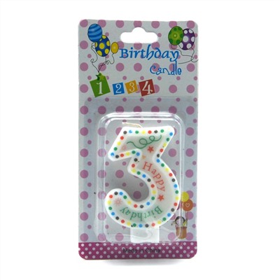 Свечи декор. для торта Цифры Happy birthday "3" 7см /блистер