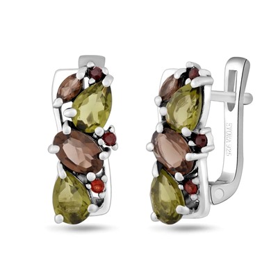 Серьги, гранат , оливковая шпинель , раухтопаз, Лиана