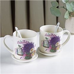 Набор кружек керамических с ложками и подставками «Букет лаванды», 2 предмета: 330 мл, рисунок МИКС