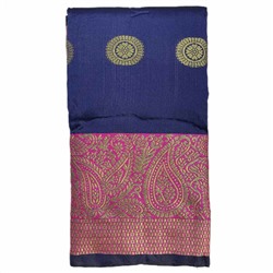 BANARASI BUTTA Сари однотонное СИНЕЕ, с каймой РОЗОВОГО цвета и Золотистой вышивкой (Size: Onesize, с отрезом для блузы), 1 шт.