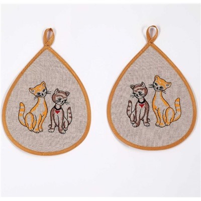 Комплект прихваток с вышивкой "Кошки" лен 100%