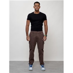 Джинсы карго мужские с накладными карманами коричневого цвета 2418K