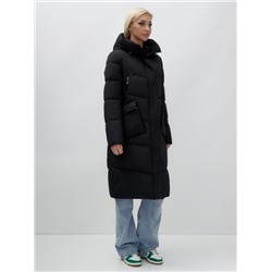 Пальто утепленное стеганное зимнее с капюшоном женское черного цвета 9639Ch